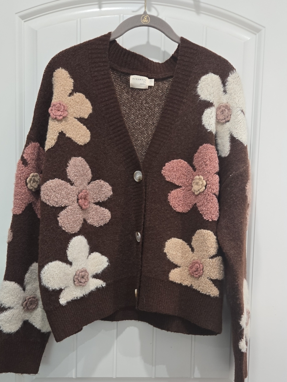 Dreamers By Debut Brown Floral Knit Cardigan Sweater
